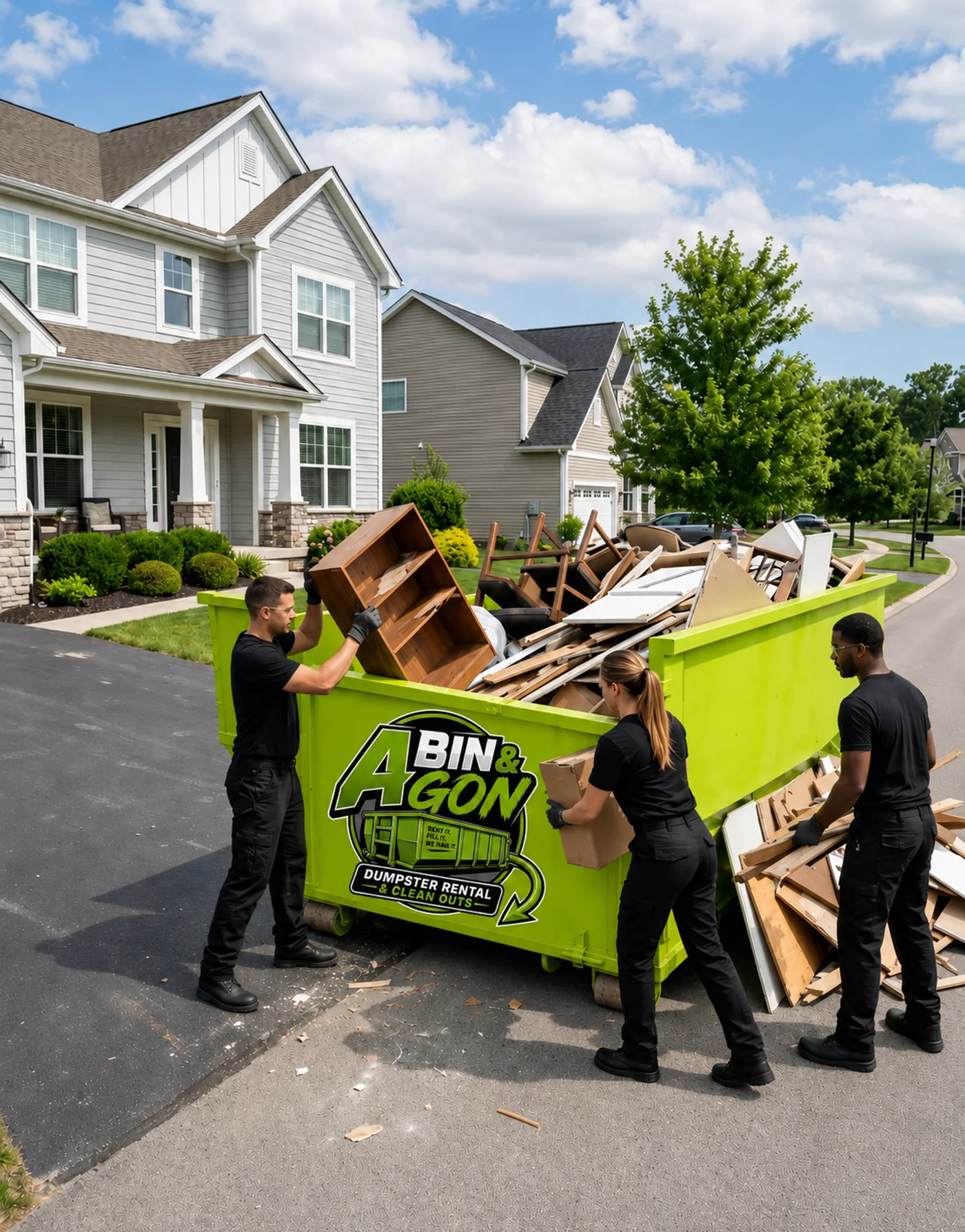A Bin & Gon dumpster loaded with renovation debris during a cleanout