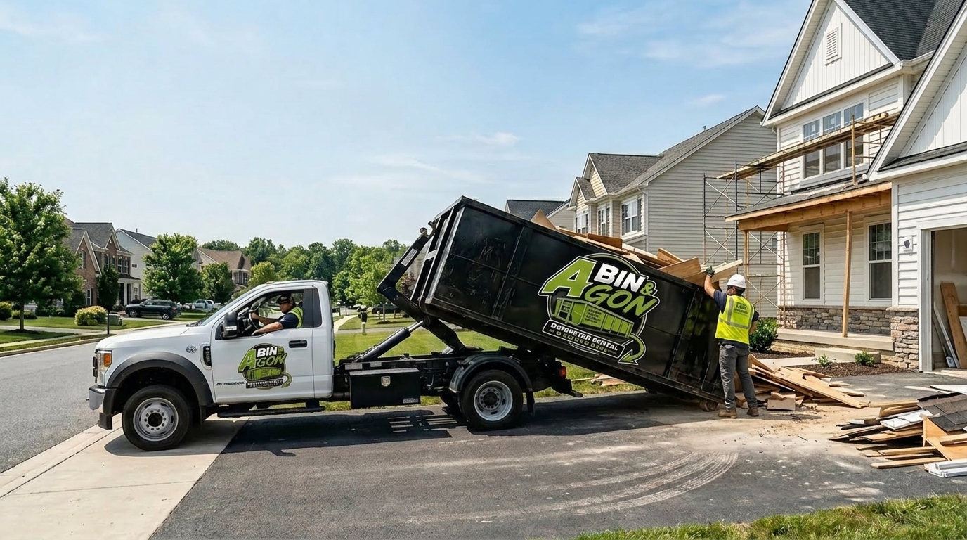 A Bin & Gon dumpster truck delivering to a Maryland home